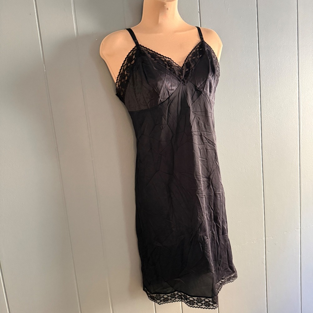 Cabernet‎ Vintage Black Satin Slip Dress Lace Trim 70s 80s Goth Coquette USA S/M
